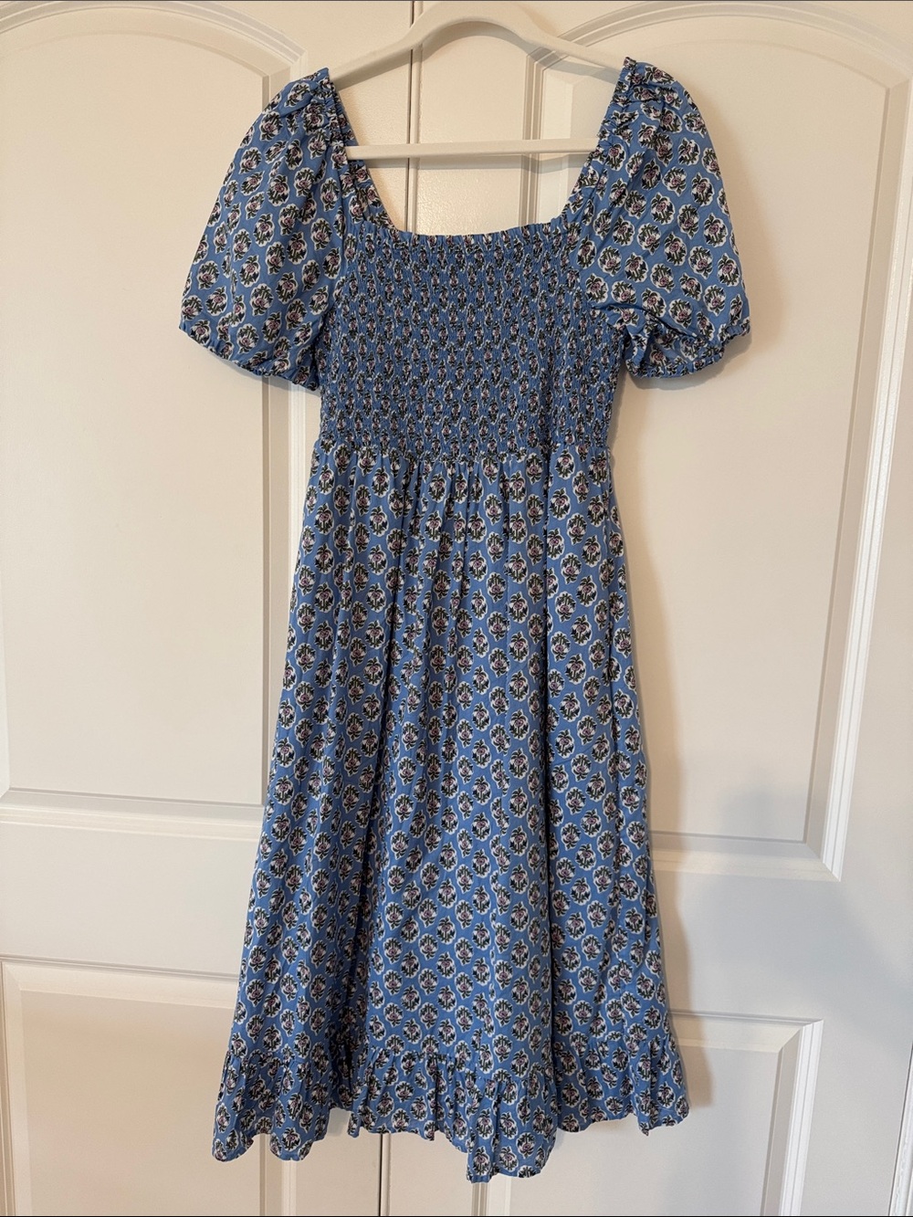 J. Crew Blue Floral Smocked Midi Dress with Puff Sleeves